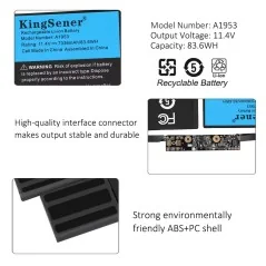 Batterie pour ordinateur portable KingSener A1953 pour APPLE MacBook Pro 15" A1990 Touch Bar 2018 2019 EMC 3215 MC3359 MR962LL